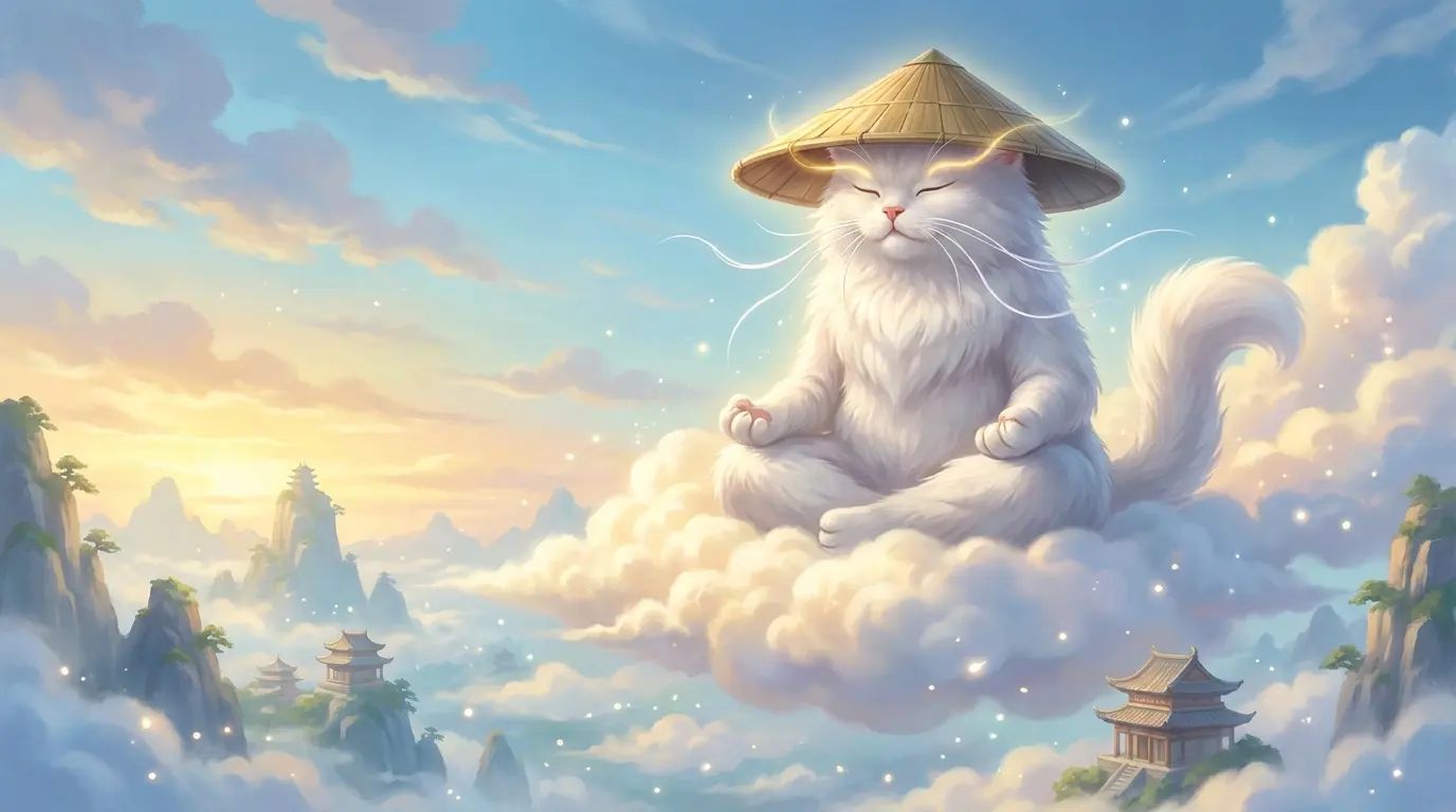 Cat Sage meditating atop cumulus clouds